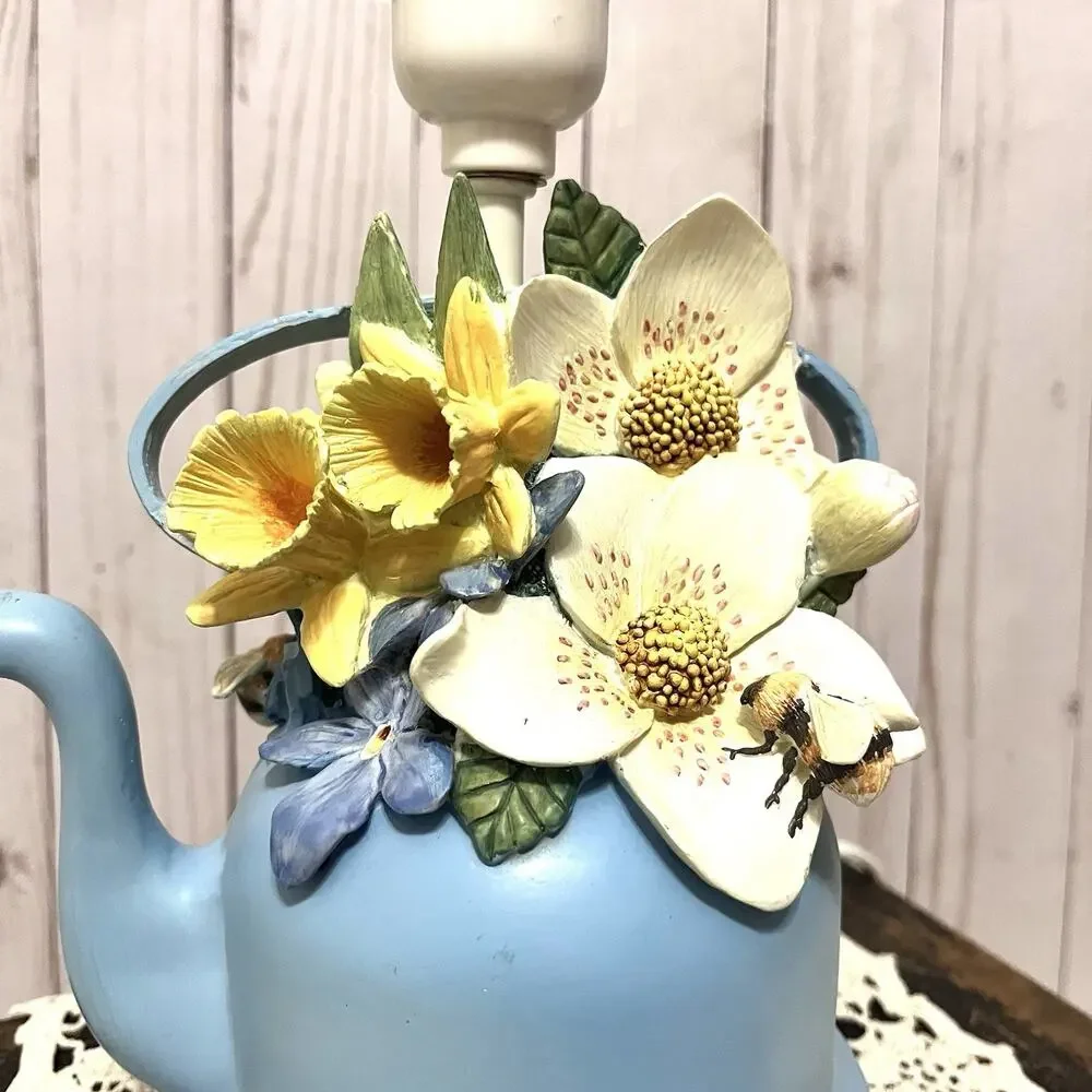 Marjolein Bastin Blue Floral Teapot Table Lamp w Shade, Ceramic Novelty Design